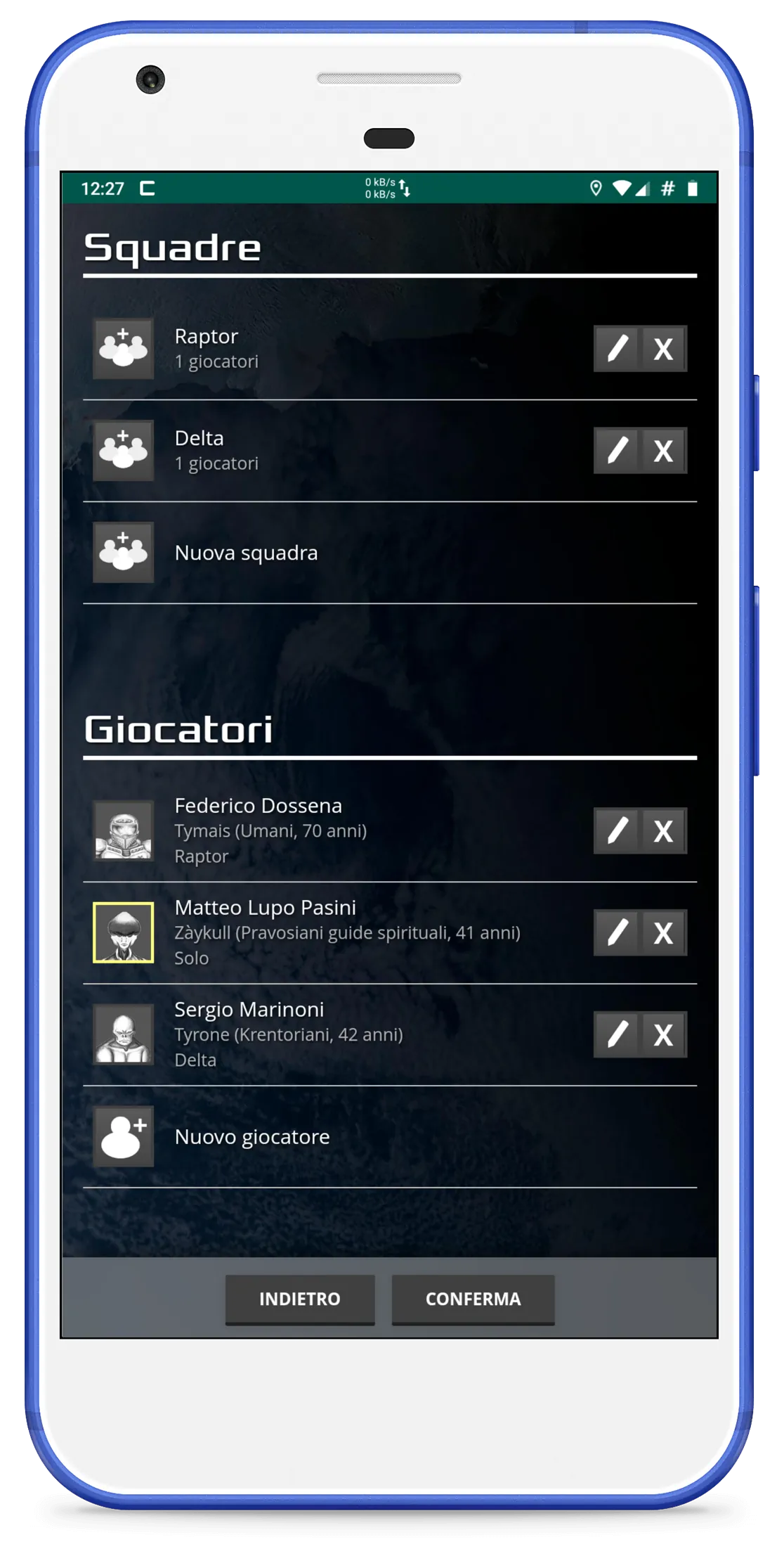 Screenshot dell'applicazione, inserimento di squadre e giocatori